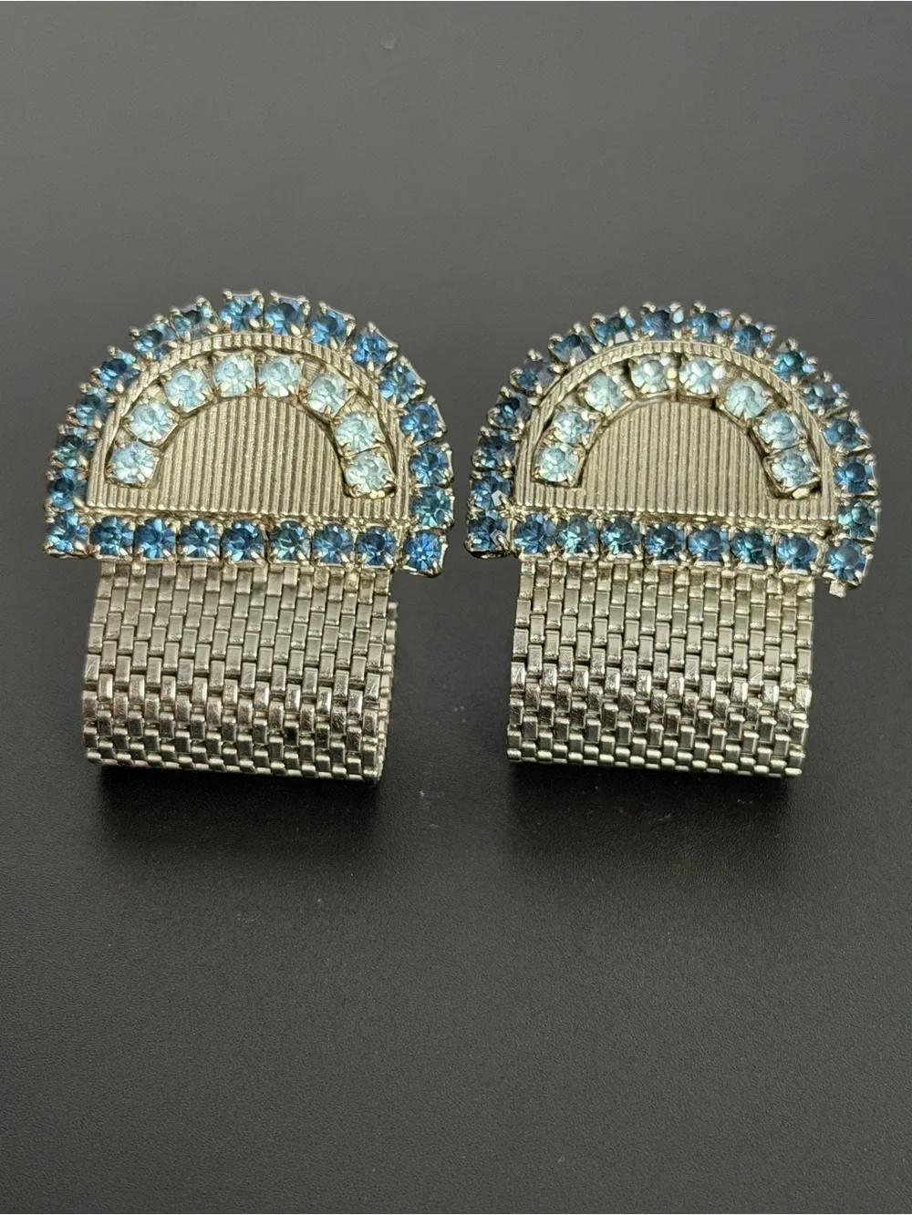 Silver-Tone cuff links with Light & Medium Blue Rhinestones
